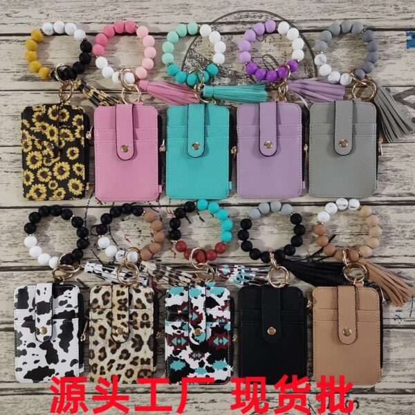 Wholesale Trendy Silicone Bead Bracelet Keychain with PU Card Holder Wallet Pastoral Style Jewelry Accessory for Everyday Use