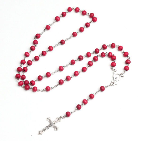 oly-16e64e0ef8f65858d08425656d8f3220 Wholesale Wine Red Wood Cross Necklace with Flower Rosary Beads Gift