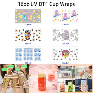 Wholesale 5pcs Multicolor Cartoon Bear Rainbow Sun Star Halloween Ghost Skull Mixed Graphic 16oz Cup UV DTF Wraps OLY Exclusive