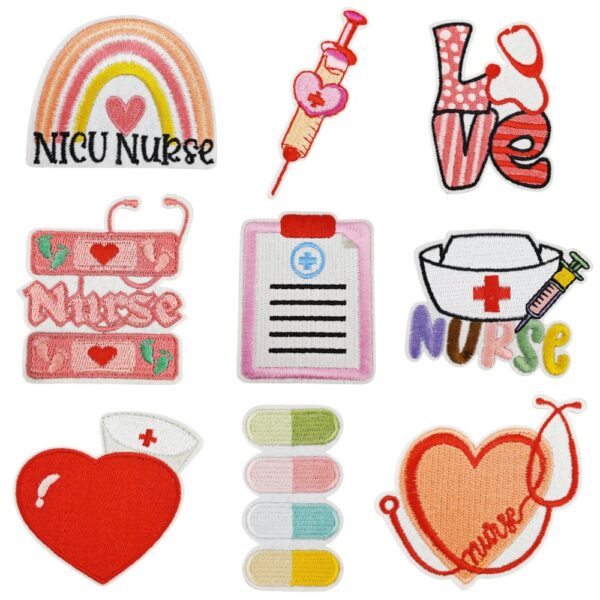 Wholesale Iron-on Embroidered Patch Pink Nurse Heart Stethoscope DIY Accessory