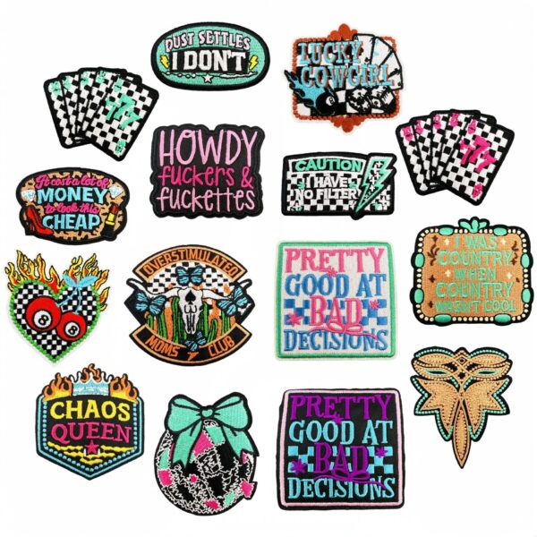 Wholesale Trendy Western Style Embroidered Patch Set with Checkerboard Flame Pattern for DIY Clothing Accessories