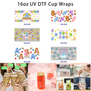 Wholesale 5pcs Pastel Rainbow Cartoon Bear Star Heart Cloud Pumpkin Mixed Graphic 16oz Cup UV DTF Wraps OLY Exclusive