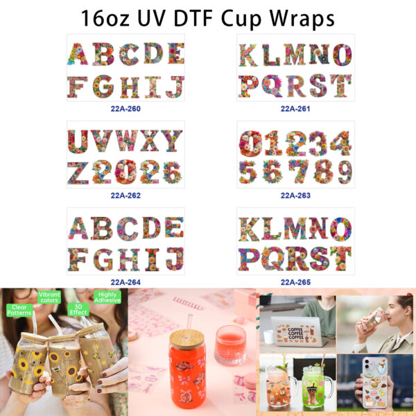 oly-1d8413f335f094aa93e851f0ce82358a Wholesale 5Pcs Vibrant Floral Filled Alphabet Number Handcraft Art Mixed Decor Prints 16Oz Cup UV DTF Wraps