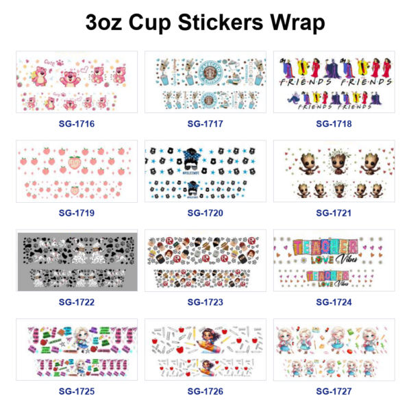 oly-1df732d9574053ede43c59015450af89 Wholesale 8pcs Trendy Mixed Designs 3oz Cup Stickers Wrap OLY Exclusive