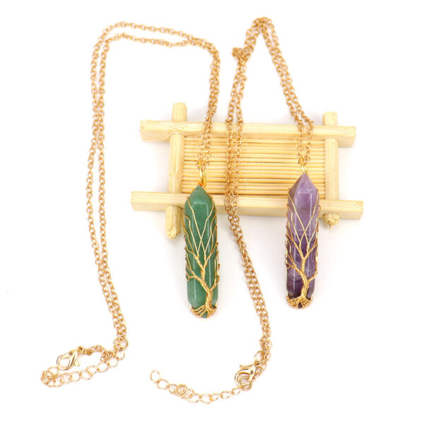 Wholesale Handmade Crystal Tree of Life Pendant Necklace Amethyst Hexagonal Column Fashion Jewelry Accessory
