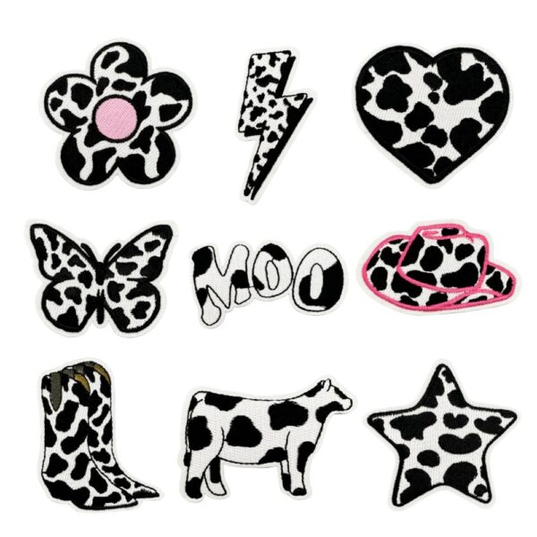 Wholesale Cow Cloth Patches Black White Lightning Heart Embroidered Patches for Clothing DIY Accessory