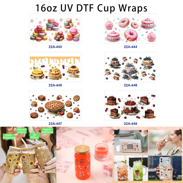 oly-1fb8b09b194ac42da611e42106de18d7 Wholesale 5pcs Watercolor Colorful French Dessert Cake Cookie Mixed Decor Prints 16oz Cup UV DTF Wraps