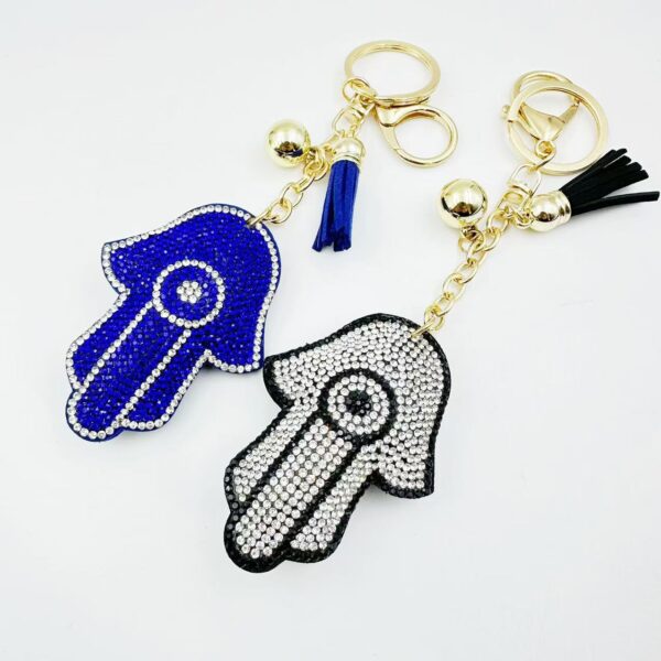 oly-206ec999c4ed322d67a992619e27c1b6 Wholesale Trendy Hamsa Hand Rhinestone Keychain Light Blue Flannel with Tassel Boutique Resale Gift