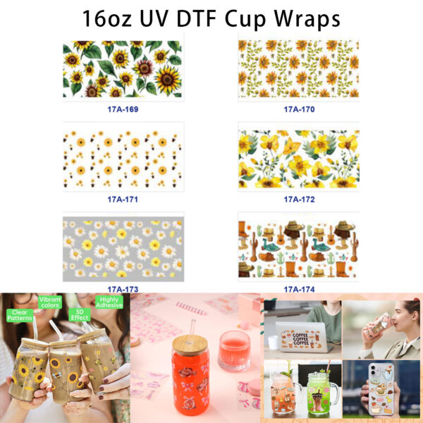 oly-208d0a1e090841df813feba6c4328ed3 Wholesale 5pcs Summer Garden Western Style Watercolor Sunflower Daisy Cactus Cowboy Accessory Mixed Decor Prints 16oz Cup UV DTF Wraps