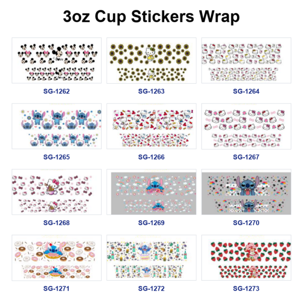 oly-20c963b989e819a547489921a1f82969 Wholesale 8pcs Mixed Black White Cartoon Mouse Pink Bow White Cat Blue Alien Creature Berry Cartoon Girl Donut Print 3oz Cup Stickers Wrap OLY Exclusive