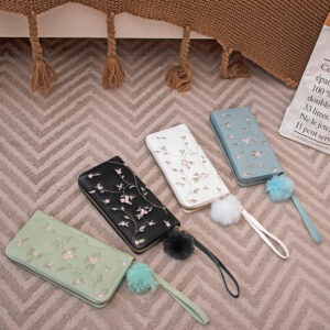 Wholesale PU Leather Embroidery Fluffy Ball Coin Purse Wallet Chic for Women
