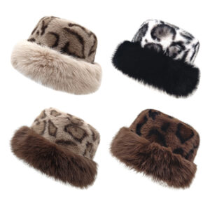 Wholesale Faux Mink Retro Leopard Print Bucket Hat Warm Ear Cover Winter Fashion Accessory