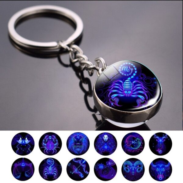 Wholesale 12 Zodiac Double Sided Glass Ball Keychain Key Ring Decorative Accessory for Birthday Gifts