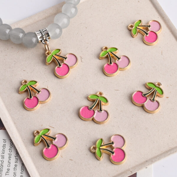 Wholesale Pink Cherry Simulated Food Toy Pendant Alloy Baked Paint Charm for DIY Bracelet Phone Chain Boutique Resale