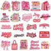 Wholesale 23-Pack Polyester Embroidered Iron-On Book Patches Pink DIY Decorative Stickers for Bags Clothes