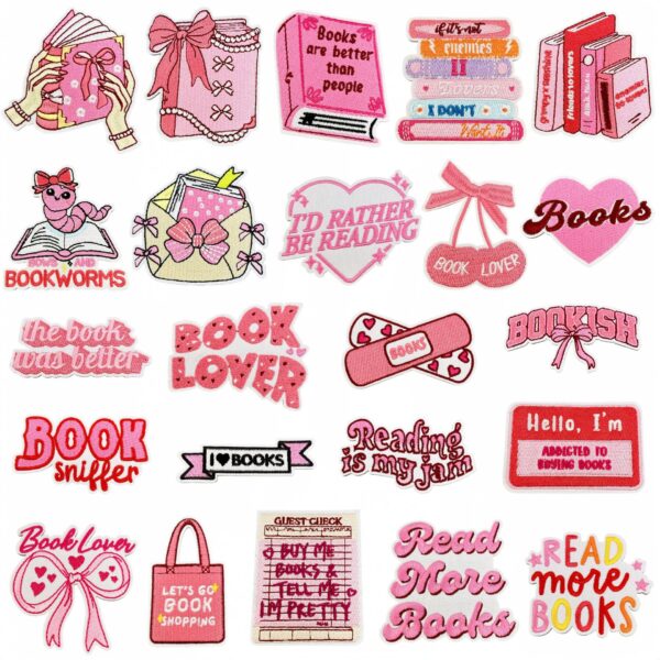 Wholesale 23-Pack Polyester Embroidered Iron-On Book Patches Pink DIY Decorative Stickers for Bags Clothes