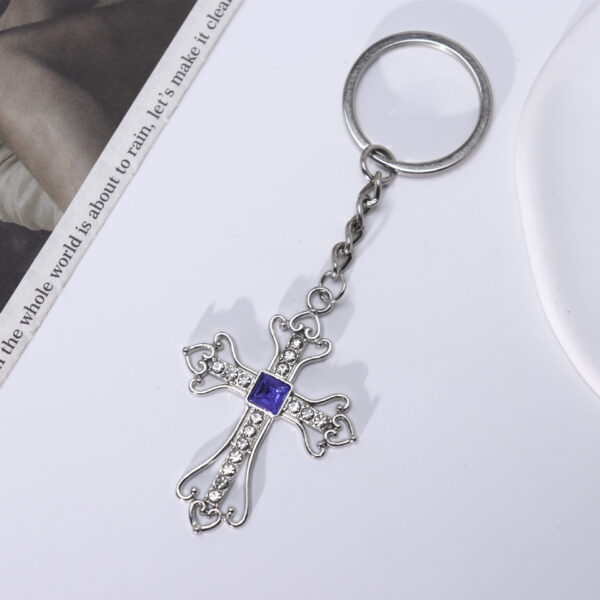 Wholesale European Style Cross Pendant Keychain Titanium Steel Rhinestone Dark Blue Fashion Accessory
