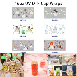 Wholesale 5pcs Fresh Soft Cartoon Bride Wedding Dress Daisy Horse Frog Snowflake Bear Cake Floral Mixed Decor Prints 16oz Cup UV DTF Wraps