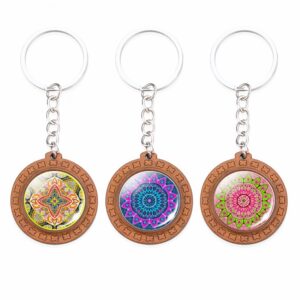 oly-25552345bfb52352807eadd88302b917 Wholesale Wooden Mandala Keychain Vintage Decorative Key Ring, Chic Fashion Accessory for Gift or Resale
