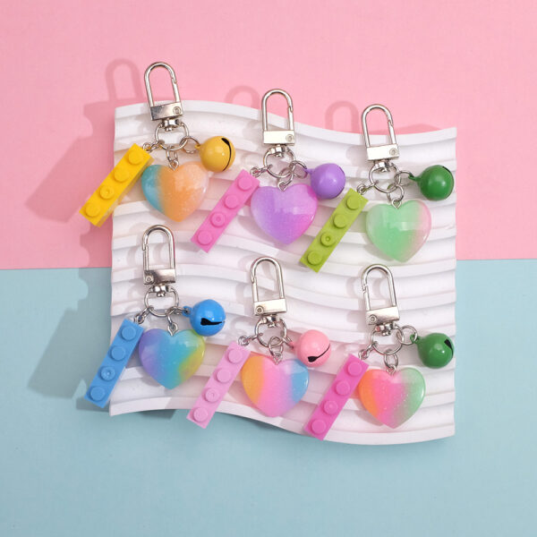 Wholesale Resin Heart Bell Keychain Candy Color DIY Building Block Bag Charm for Gifts Souvenirs