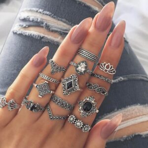 Wholesale Trendy Vintage Joint Ring Set - Hollow & Sunflower Design, Ancient Silver Alloy, 15-Piece Jewelry Accessory for Women