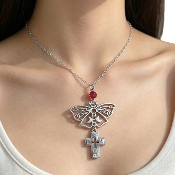 oly-26075d2859892e2becd3e8ecf24a3d54 Wholesale Trendy Gothic Style Hollow Butterfly Cross Pendant Necklace with Red Rhinestone Y2K Sweet Cool Choker Fashion Jewelry Accessory for Party Gift