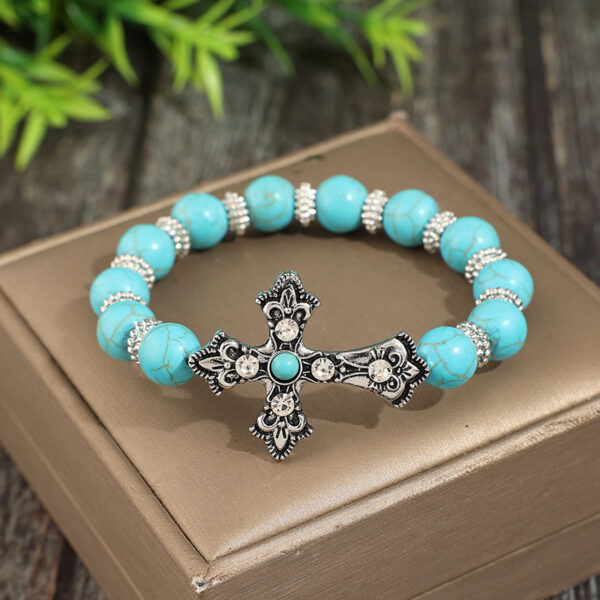 oly-29aa799c2534065e93ec640622e3d107 Wholesale Vintage Carved Cross Western Cowboy Blue Bead Bracelet Alloy Fashion Accessory