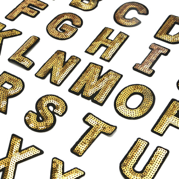 Wholesale Polyester Gold Sequin Embroidered Alphabet Patch Decorative Accent for Coats