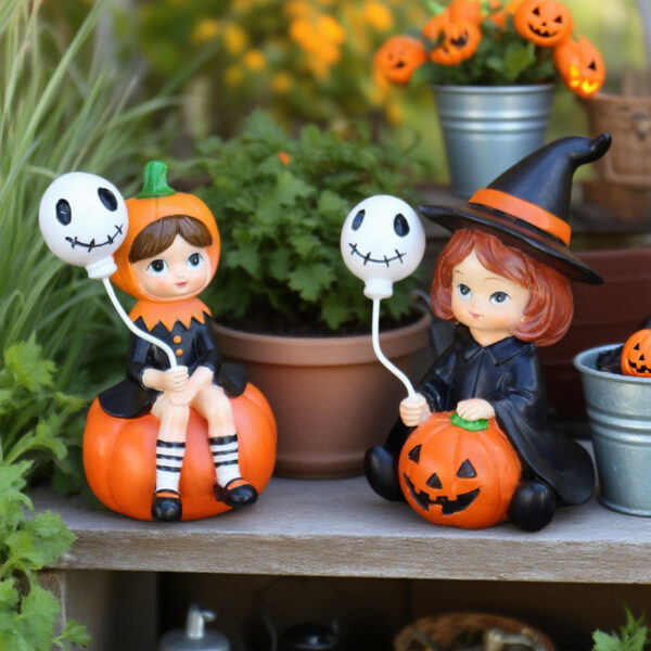 Wholesale Resin Halloween Skull Balloon Witch Statue Set Decorative Accent for Home Garden
