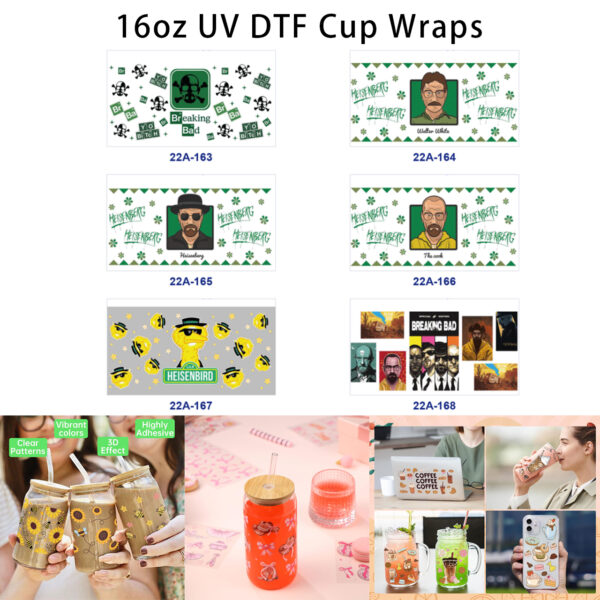 oly-2b9f1865be3438728477116b665729f3 Wholesale 5pcs Retro Male Cartoon Portrait Lab Chemical Skull Green Floral Collage Mixed Graphic Print 16oz Cup UV DTF Wraps OLY Exclusive