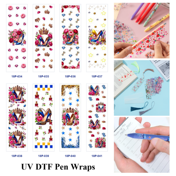 Wholesale 2/8/16pcs UV DTF Stickers Rose High Heels Crown Perfume Diamond Star Pattern Pen and Bookmark Stickers