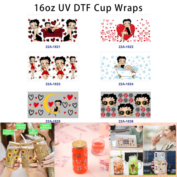 oly-2ec7761c872812b3aab0cd8d5c4175fe Wholesale 5pcs Valentine's Day Theme Vintage American Retro Cartoon Pin Up Maiden Heart Red Rose Moon Bubble Mixed Decor Prints 16oz Cup UV DTF Wraps OLY Exclusive