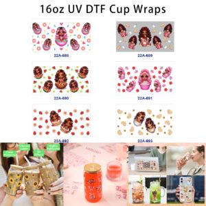 oly-2fee53494a04b12949f56be86a48f9ce Wholesale 5pcs Luscious Sweet Cartoon Curly Hair Girl Donut Popcorn Watermelon Cupcake Strawberry Cream Dessert Heart Star Mixed Decor Prints 16oz Cup UV DTF Wraps