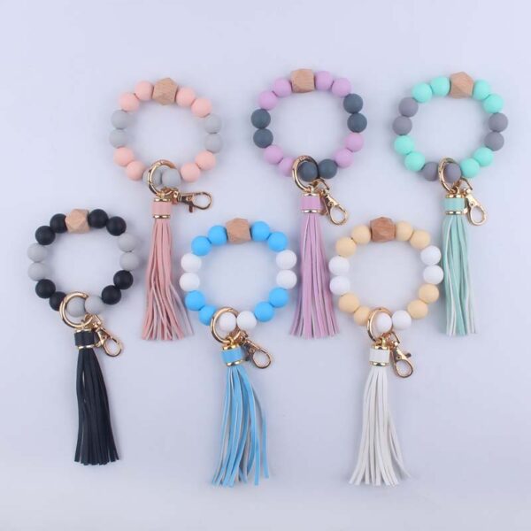 Wholesale Pink Silicone Bead Keychain with Leather Tassel Party Gift Decorative Accessory