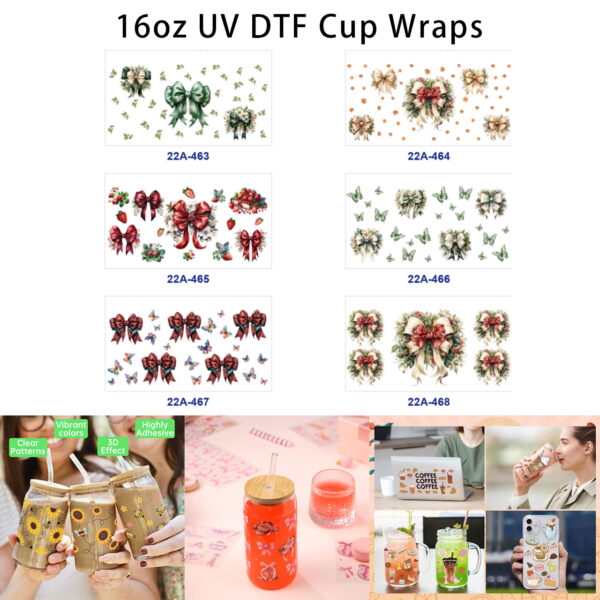 oly-312dd9de3a775fddaa4e5ad63a2386c1 Wholesale 5pcs Vintage Floral Ribbon Bow Strawberry Butterfly Mixed Decor Prints 16oz Cup UV DTF Wraps