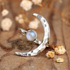 Wholesale Vintage Sun Moon Hammered Open Ring 925 Silver Moonstone Fashion Accessory