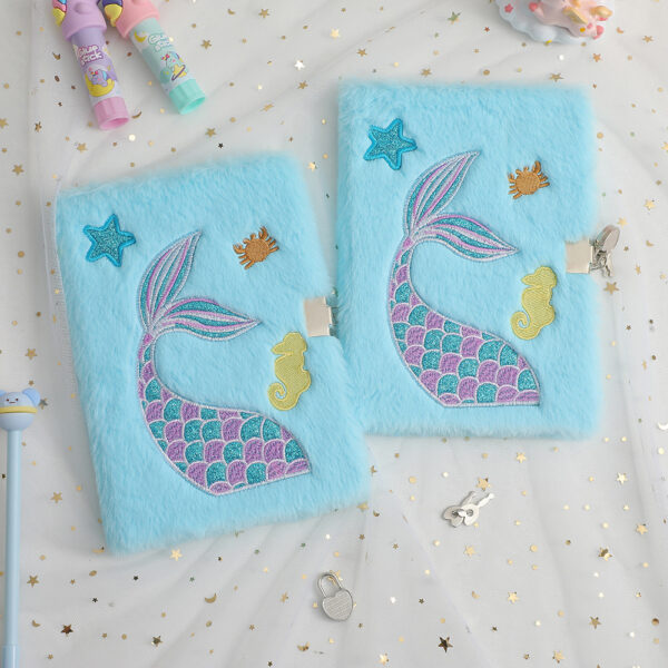 oly-31c02c7c7dcd0402b3968aa8c7d66d97 Wholesale Cartoon Mermaid Tail Embroidered Plush Notebook Cute Lock Diary for Girls Everyday Journal