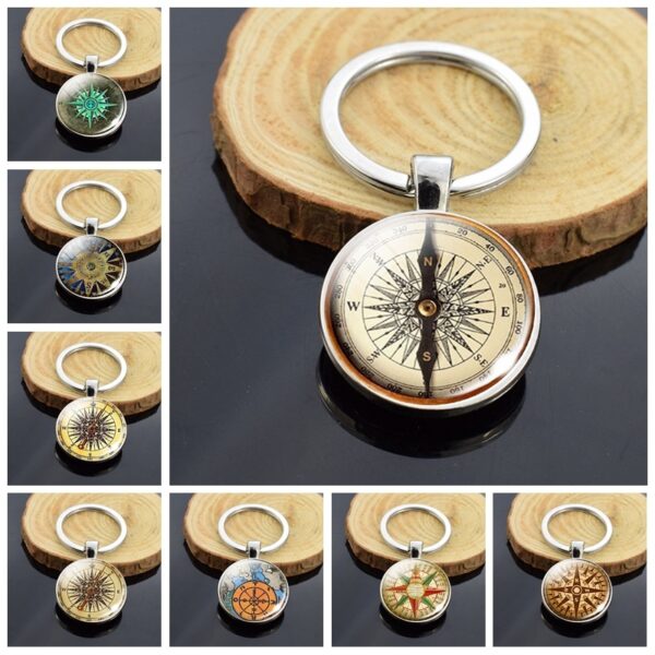 Wholesale Vintage Compass Keychain Metal Double Sided Glass Pendant Fashion Accessory Gift