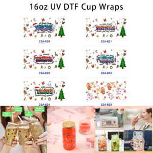 Wholesale 5pcs Cheerful Graffiti Zodiac Letter Christmas Tree Gingerbread Candy Cane Gift Reindeer Snowflake Rose Teapot Mixed Decor Prints 16oz Cup UV DTF Wraps