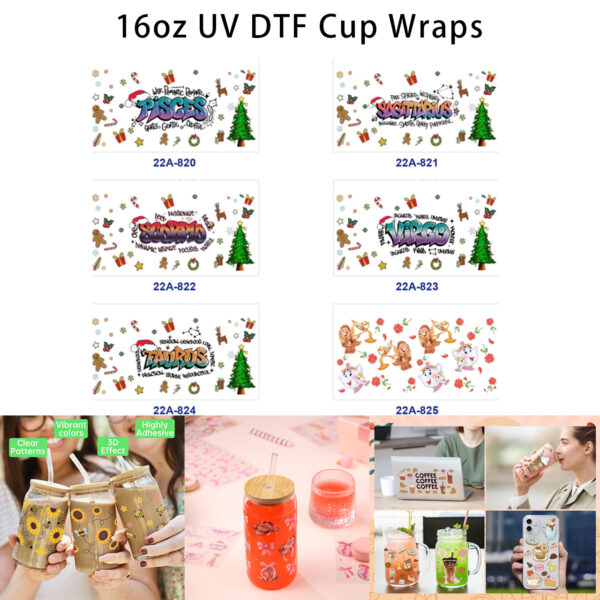 oly-32f370a9371cbc1cf902cd9a1299dff4 Wholesale 5pcs Cheerful Graffiti Zodiac Letter Christmas Tree Gingerbread Candy Cane Gift Reindeer Snowflake Rose Teapot Mixed Decor Prints 16oz Cup UV DTF Wraps