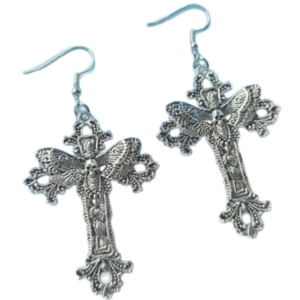 oly-33be8c4a961e6a1a2dbdfec5f8436549 Wholesale Gothic Vintage Cross Moth Earrings, Alloy Silver Plated Jewelry Accessory for Party or Everyday Wear