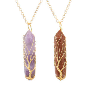 Wholesale Handmade Crystal Tree of Life Pendant Necklace Amethyst Hexagonal Column Fashion Jewelry Accessory