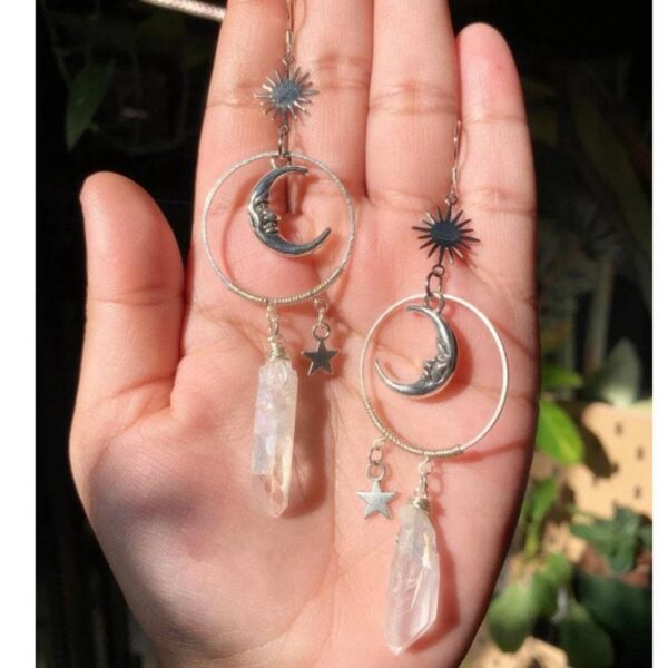 Wholesale Gothic Silver Moon Star Pendant Earrings with Natural White Crystal Fashion Accessory for Party Gift