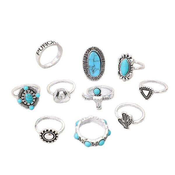 oly-37c0f6e89668978205ef08afbd3ae327 Wholesale Vintage Turquoise Geometric Ring Set 10 Piece Jewelry Accessory for Boutique Resale