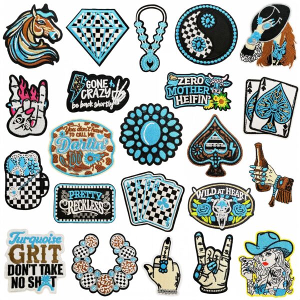 oly-38d990fd2cbf20858ce39c8ec7bfee73 Wholesale Bohemian Turquoise Embroidery Western Denim Patch Set 22 Pcs Trendy Fashion Accessory for Boutique Resale