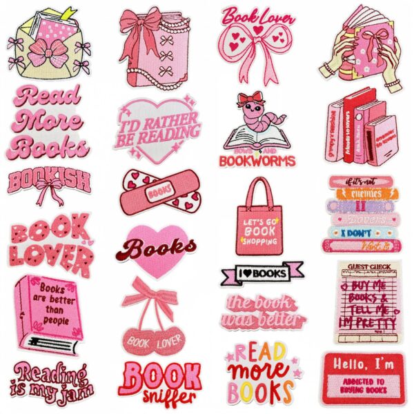 Wholesale Polyester Embroidered Book Patches Pink English Slogan Decorative Set 23pcs Boutique Craft Supply