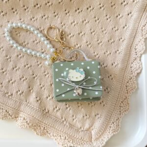 Retro green polka dot cat head earphone bag + bead chain