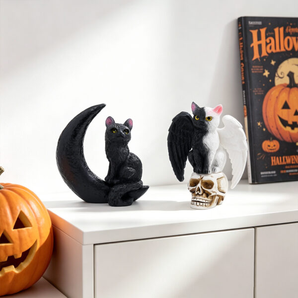 Wholesale Resin Black White Twin Cat Figurine for Halloween Car Desktop Decor