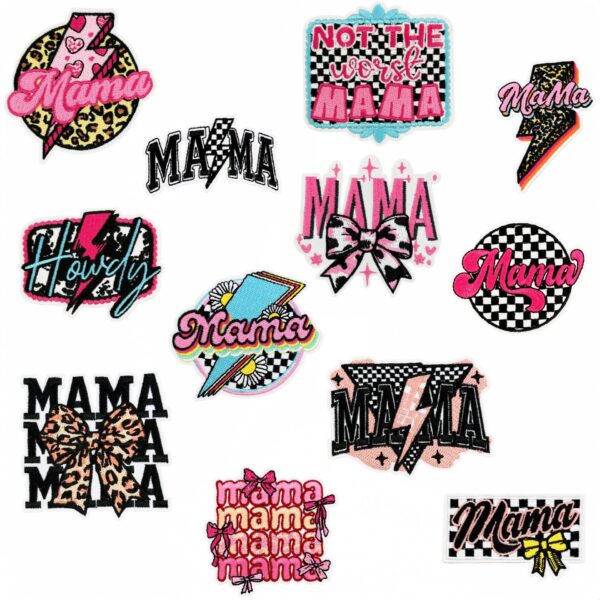 Wholesale Black White Plaid Lightning Letter Iron On Patches MAMA Theme Embroidery Set for DIY Decorative Accessory or Boutique Gift