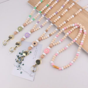 oly-3bc2d68a73eba80bcd9277ba1f1942bf Wholesale Daisy Design Wooden Bead Silicone Lanyard Necklace Keychain for Work ID Badge, Gift, Casual Accessory